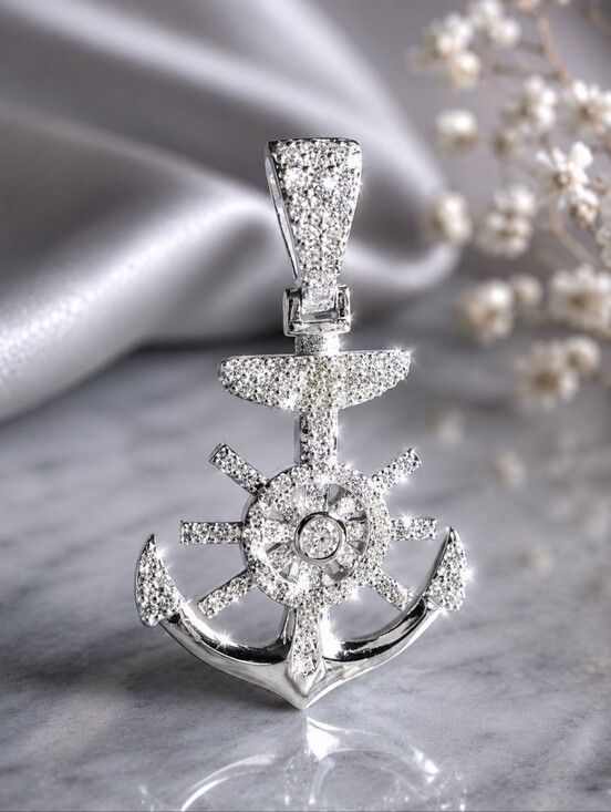 Jewelry - Silver Moissanite Wheel & Anchor Pendant Necklace NEW With Chain